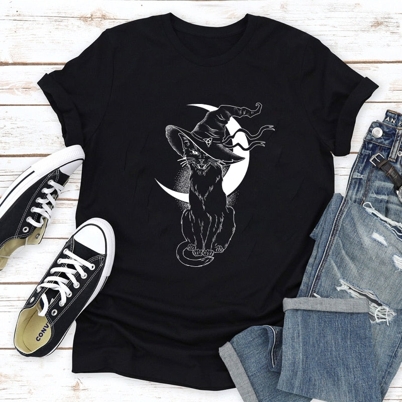 Celestial Moon Cat Witch T-shirt