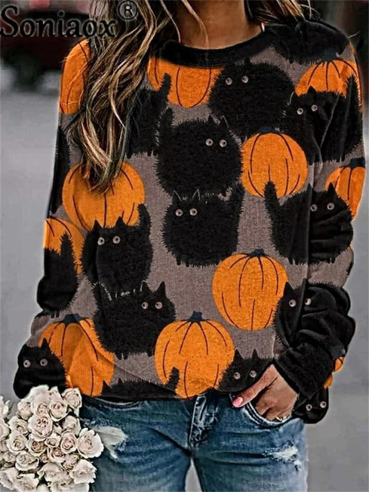 Autumn Women New Halloween Cat Printed Sweatshirt