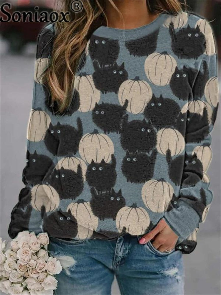 Autumn Women New Halloween Cat Printed Sweatshirt