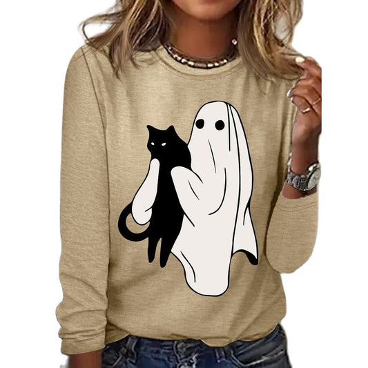Women's Halloween Ghost and Cat T-Shirt