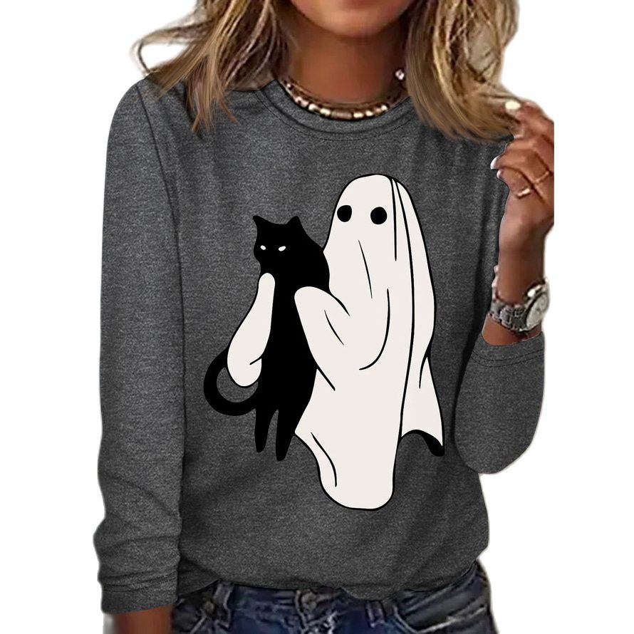 Women's Halloween Ghost and Cat T-Shirt