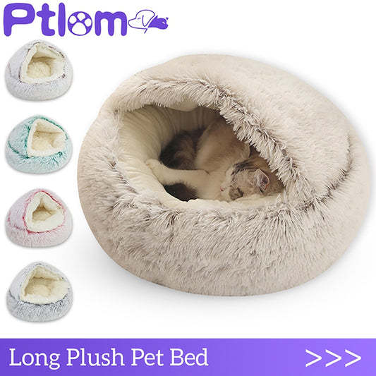 Winter Long Plush Pet Cat Bed Round Cat Cushion Cat House 2 In 1 Warm Cat Basket Cat Sleep Bag Cat Nest Kennel For Small Dog Cat