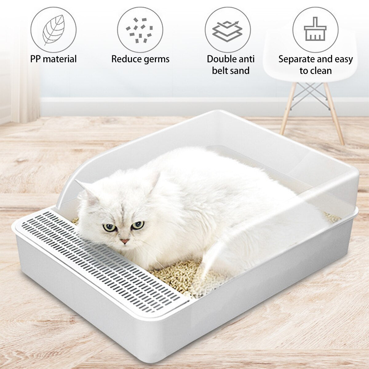 S/L Size PP Resin Semi-Open Cat Litter Tray Box Open Cat Litter Box High Side Anti-Splashing Sifting Litter Box with Scoop