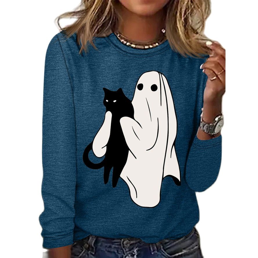 Women's Halloween Ghost and Cat T-Shirt