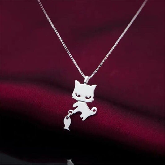 925 Sterling Silver Kitten and Fish Necklace - squishbeans