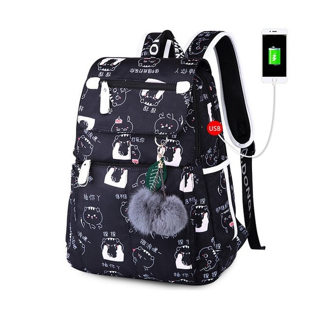 OKKID Girls Black/White with Printed Cats/Ballon/Flower Backpack