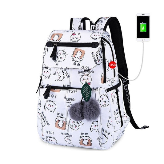 OKKID Girls Black/White with Printed Cats/Ballon/Flower Backpack