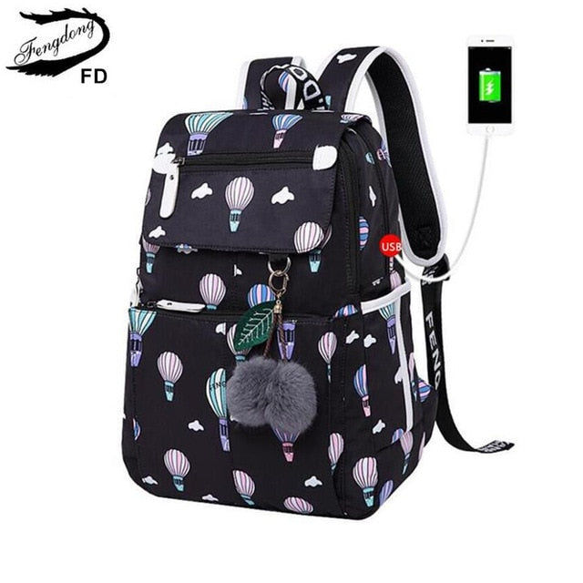 OKKID Girls Black/White with Printed Cats/Ballon/Flower Backpack
