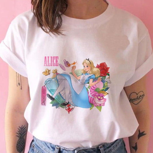 Disney Women White with Printed Alice in Wonderland T-Shirt