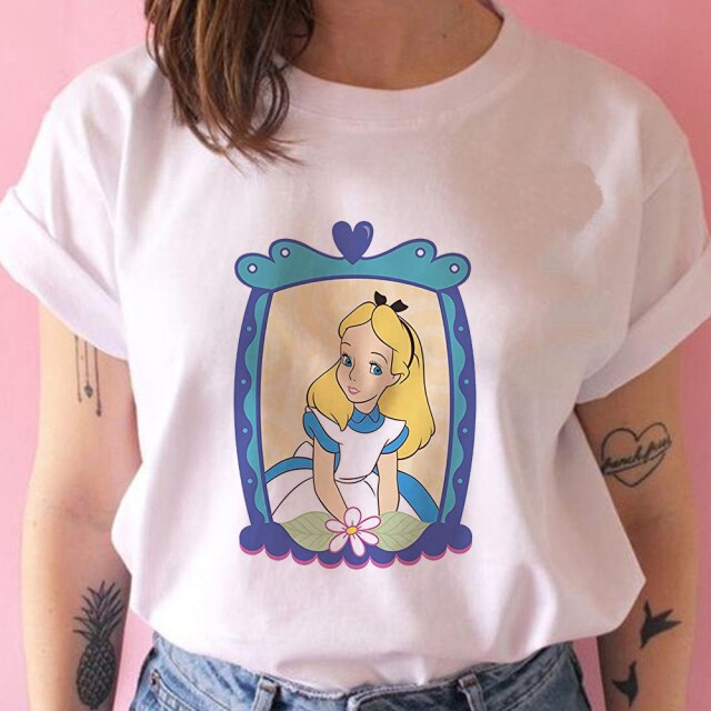 Disney Women White with Printed Alice in Wonderland T-Shirt