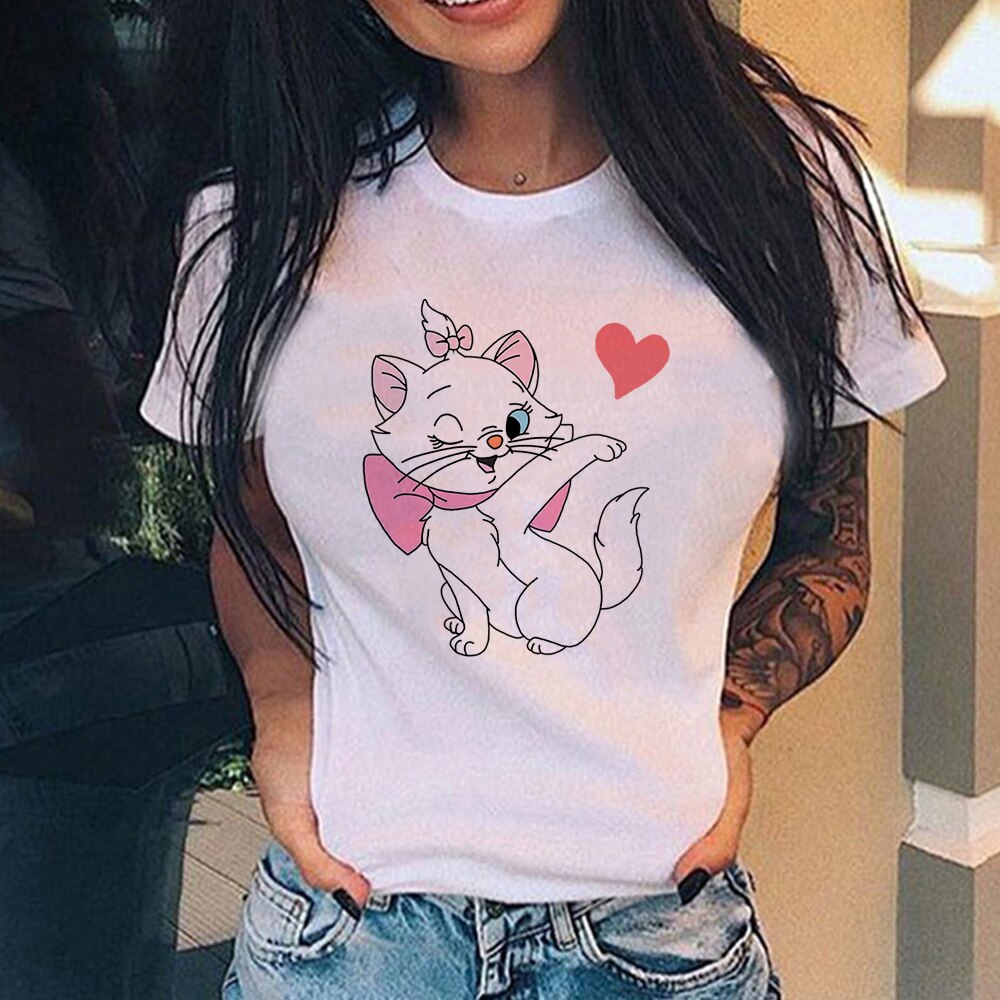 Disney Women White with Printed Cartoon Cats T-Shirt