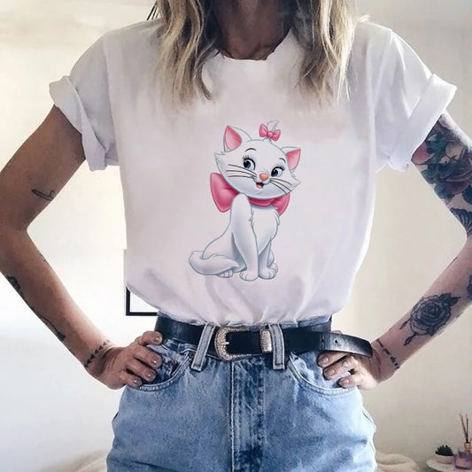 Disney Women White with Printed Cartoon Cats T-Shirt