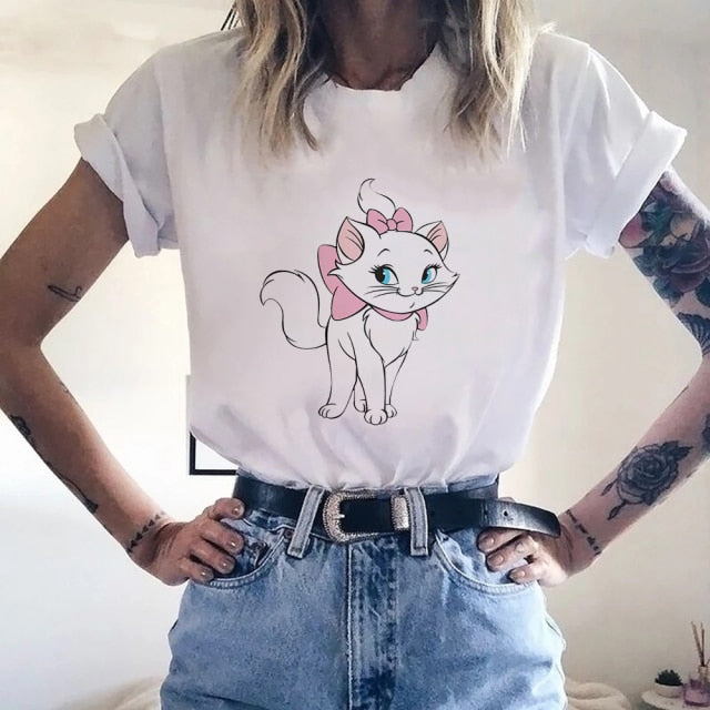 Disney Women White with Printed Cartoon Cats T-Shirt