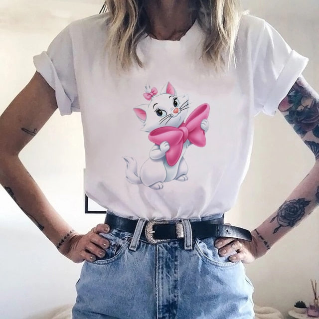 Disney Women White with Printed Cartoon Cats T-Shirt