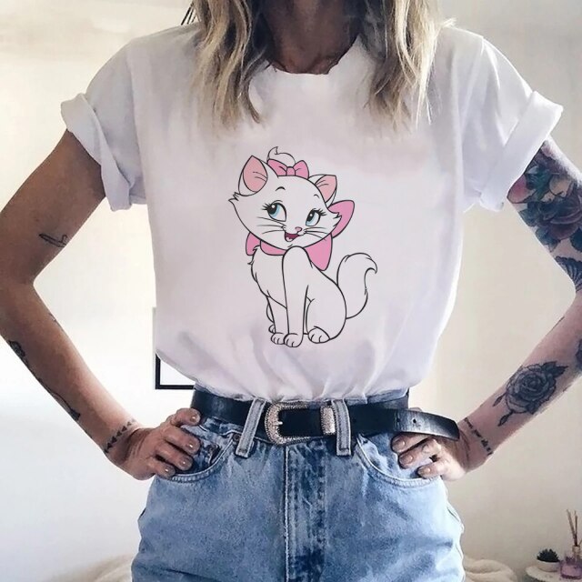 Disney Women White with Printed Cartoon Cats T-Shirt
