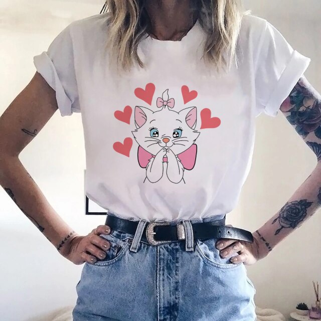 Disney Women White with Printed Cartoon Cats T-Shirt