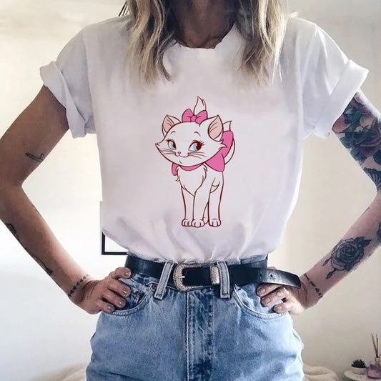 Disney Women White with Printed Cartoon Cats T-Shirt