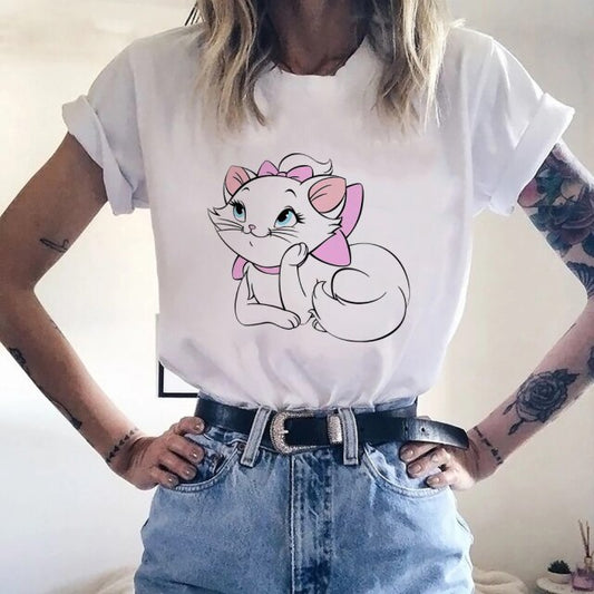 Disney Women White with Printed Cartoon Cats T-Shirt