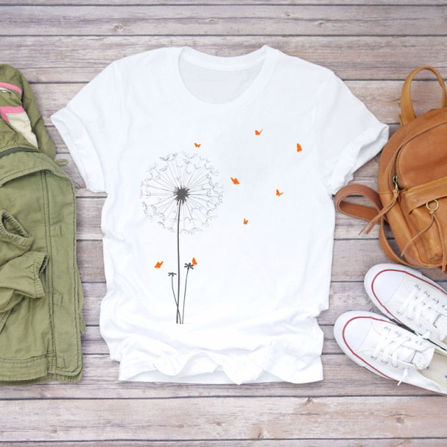 BONJEAN Women White with Printed Cat/Flower T-Shirt