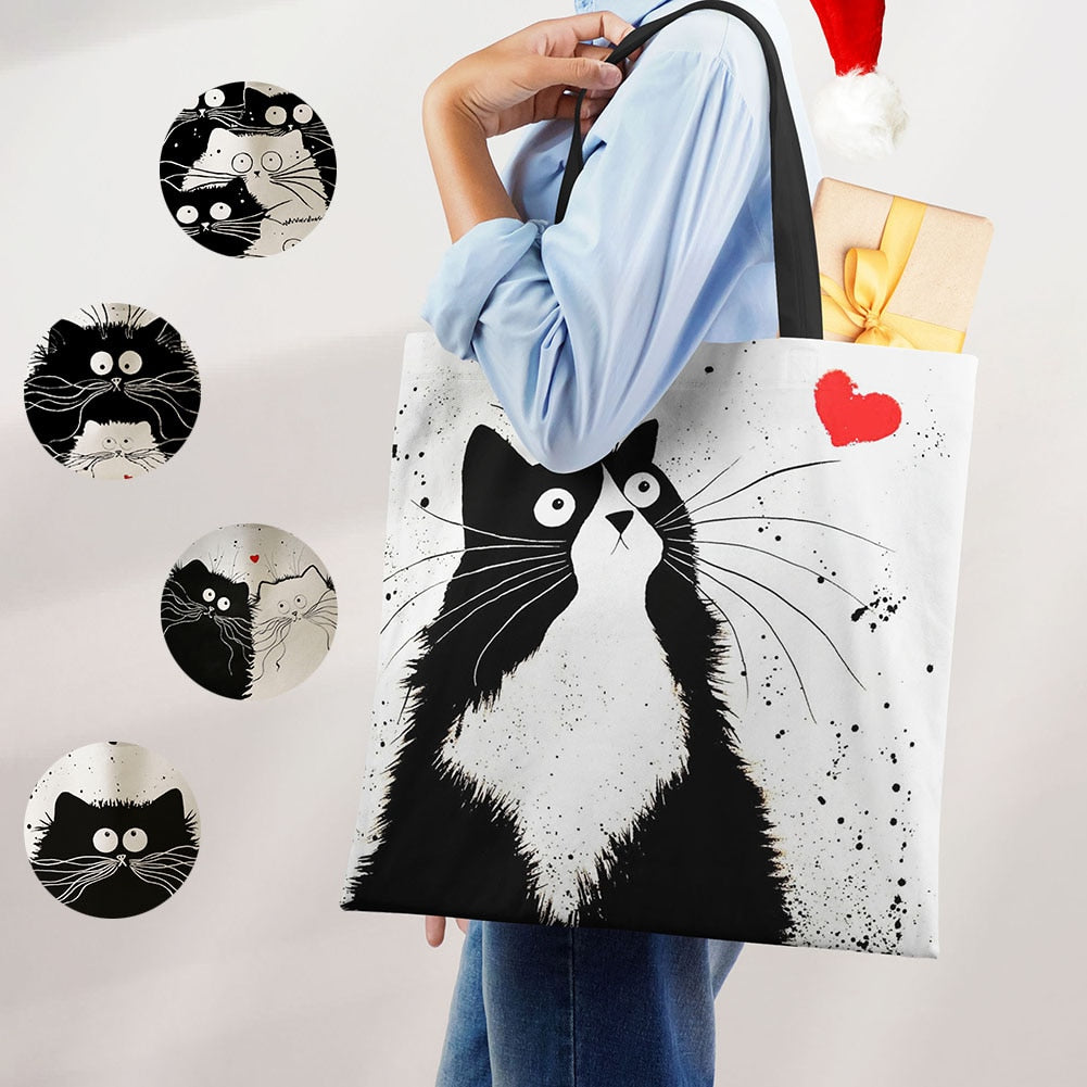 Women Black/White with Printed Cat Shoulder Bag