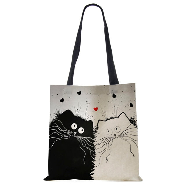 Women Black/White with Printed Cat Shoulder Bag