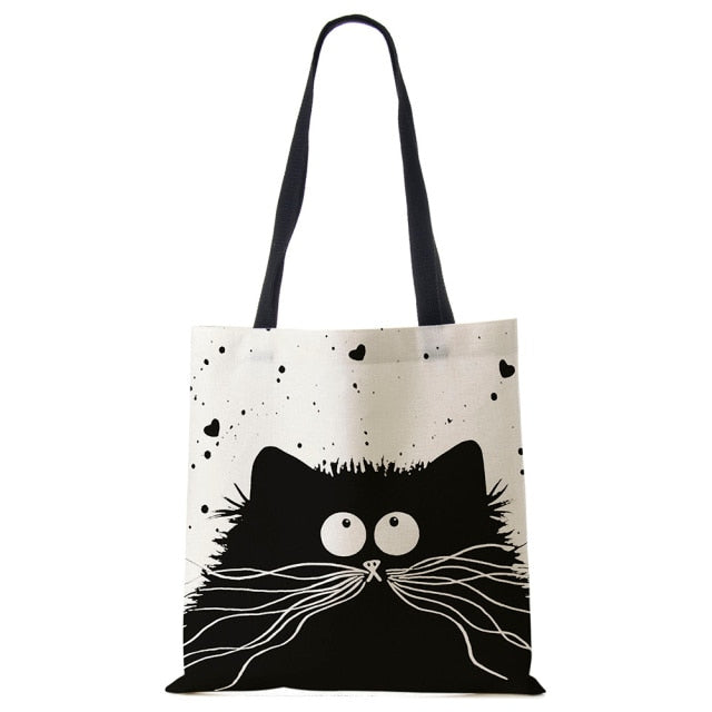 Women Black/White with Printed Cat Shoulder Bag