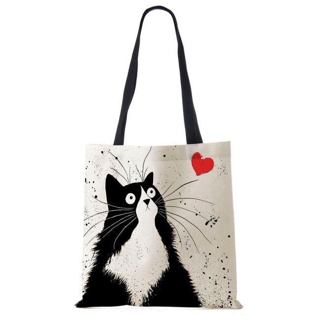 Women Black/White with Printed Cat Shoulder Bag