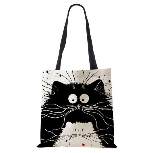 Women Black/White with Printed Cat Shoulder Bag