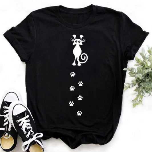 Women's Printed Cat T-Shirt - Black  ⭐⭐⭐⭐ 4.5