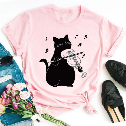 Casual Women Black with Printed Cat T-Shirt