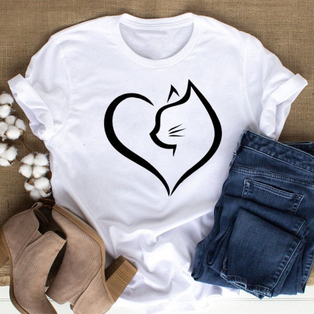 Casual Women Black with Printed Cat T-Shirt