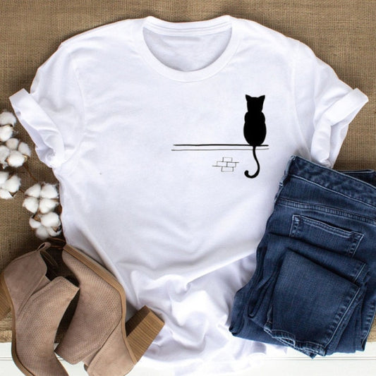 Casual Women Black with Printed Cat T-Shirt