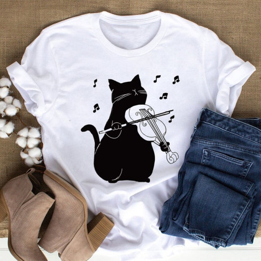 Casual Women Black with Printed Cat T-Shirt