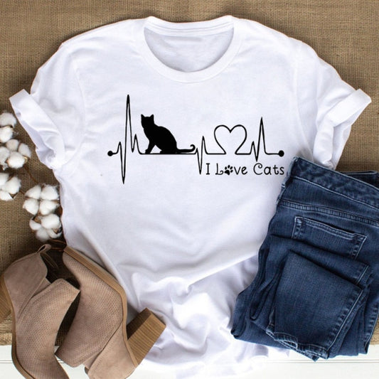 Casual Women Black with Printed Cat T-Shirt