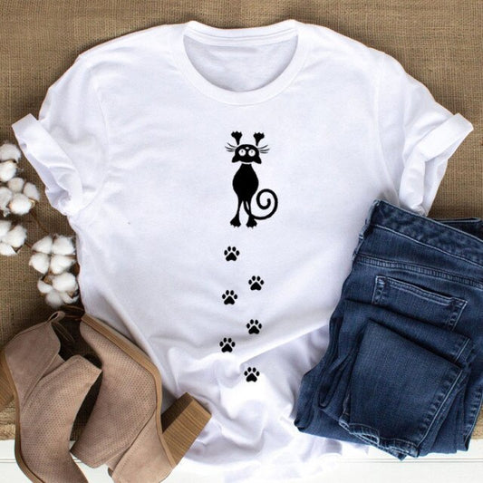 Cat Lovers T-shirt - Cat and paw prints white