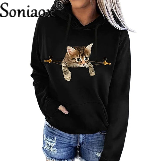 Soniaox Women Multicolour with Printed Cats Jumper with hooded