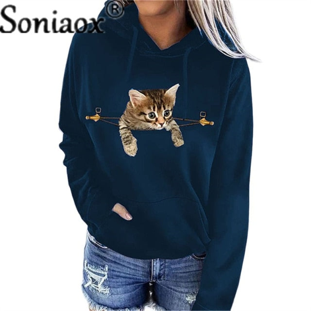 Soniaox Women Multicolour with Printed Cats Jumper with hooded