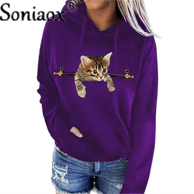 Soniaox Women Multicolour with Printed Cats Jumper with hooded