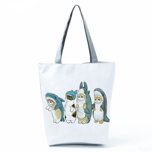 MIYAHOUSE Women White with Printed Cat Shark Handbag