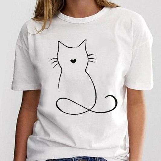 MDNG Casual Women White with Printed Cat T-Shirt