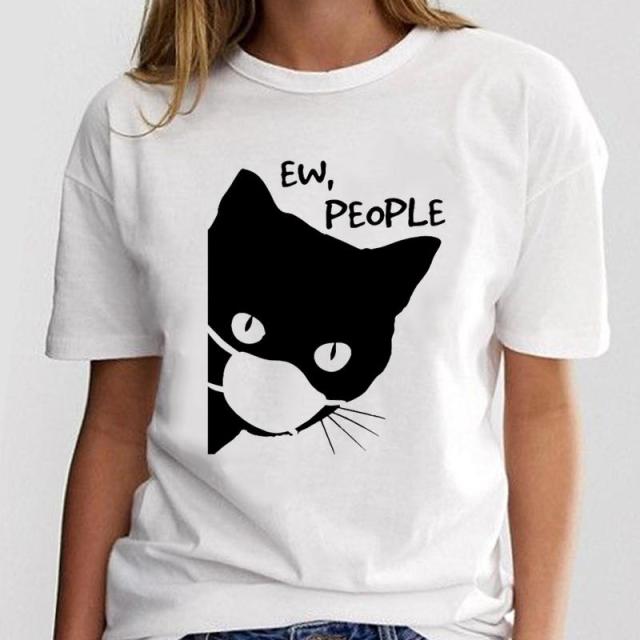 MDNG Casual Women White with Printed Cat T-Shirt