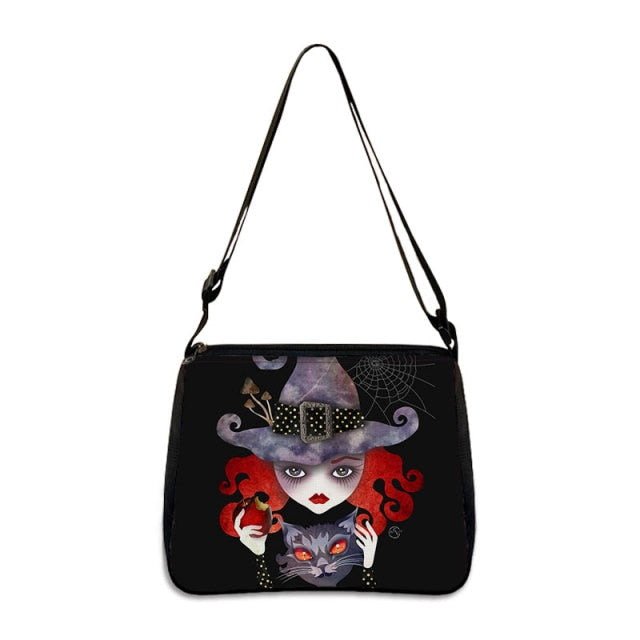 COOLOST Women Black with Printed Cat Witch Shoulder Bag