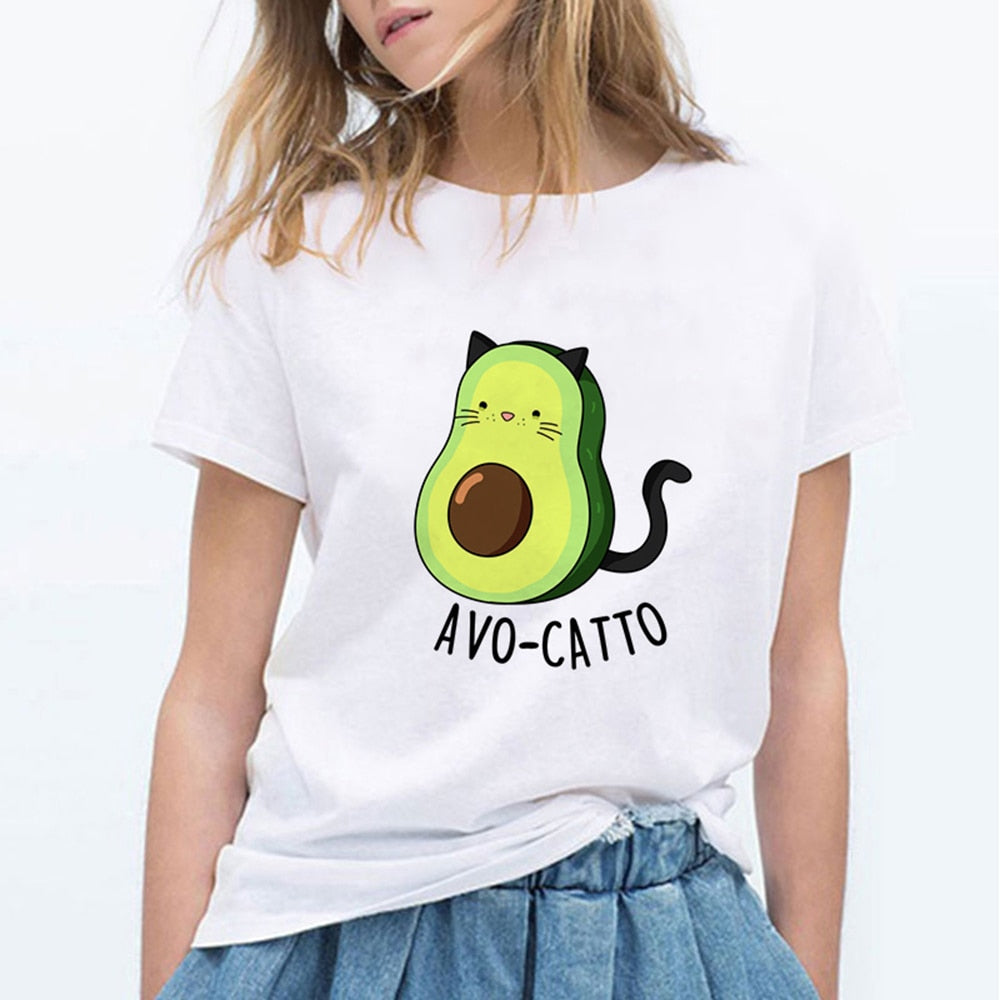 LUCKYROLL Women White with Printed Cat Avocatto T-Shirt