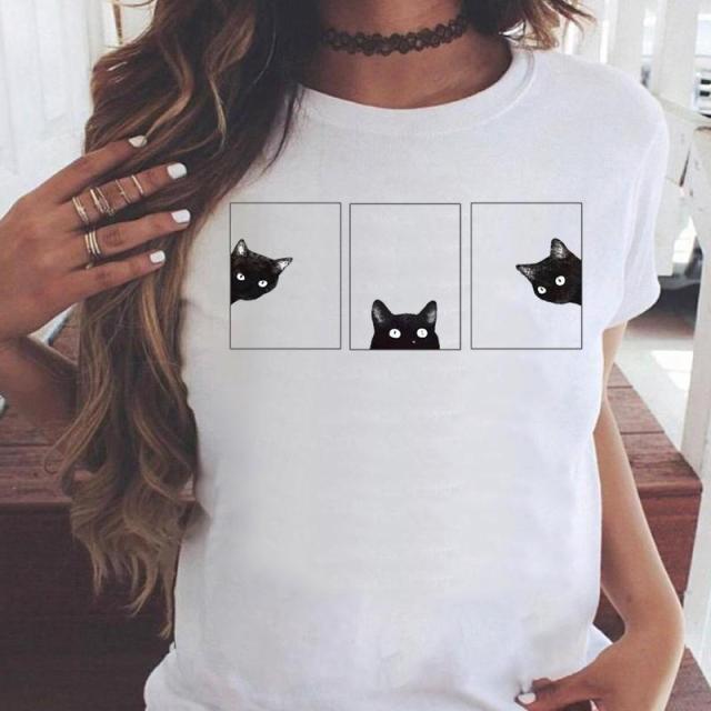 OEING Women White with Printed Cats T-Shirt