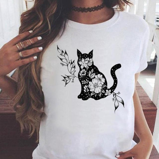 OEING Women White with Printed Cats T-Shirt