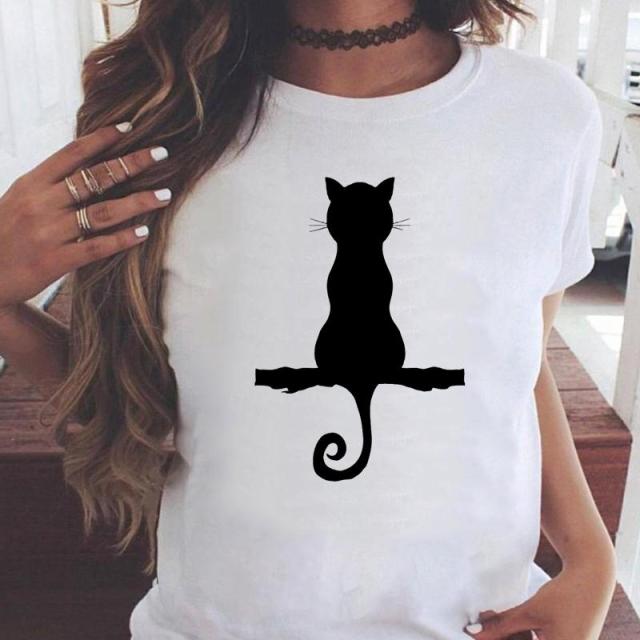 OEING Women White with Printed Cats T-Shirt