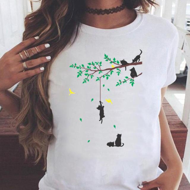 OEING Women White with Printed Cats T-Shirt