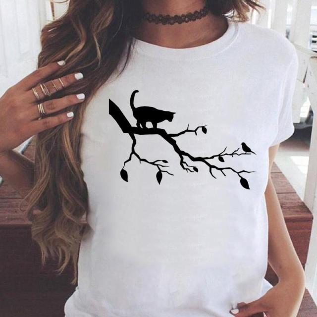 OEING Women White with Printed Cats T-Shirt