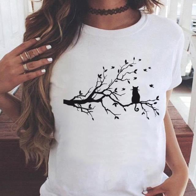 OEING Women White with Printed Cats T-Shirt