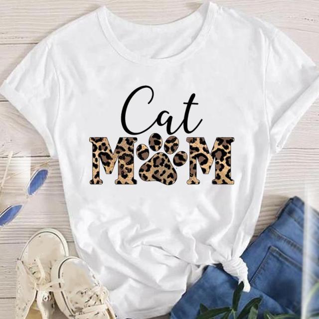 youzhao Women White with Printed Cats T-Shirt